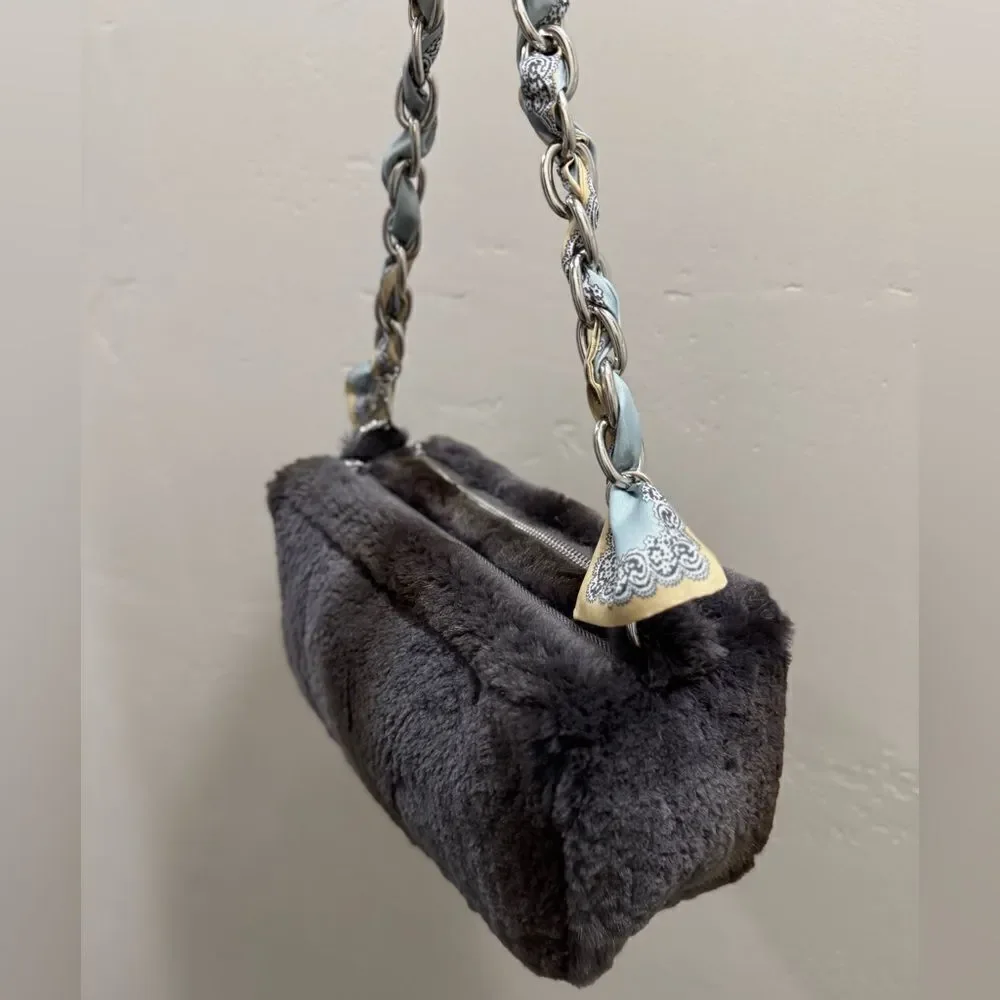 Gray Real Sheared Beaver Fur Handmade Double Zip Pillow Shoulder Bag/ Crossbody